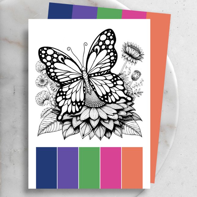 Butterfly Adult Coloring Pages and Color Palette Invitation (Butterfly coloring pages for adults color theory cards feature a color palette. Match your media)