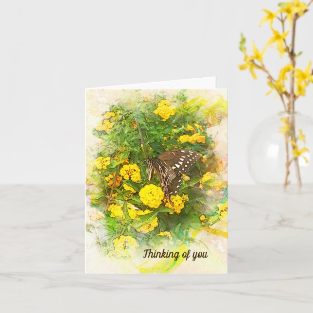 Butterfly against yellow flowers Thinking of You Card (Yellow Flower)