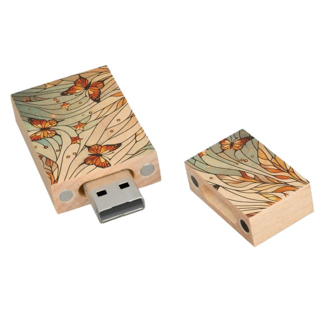 Butterfly Amber Stain Glass Pattern  Wood Flash Drive (Angled)