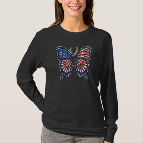 Butterfly American Flag 4th Of July Women Girls Me T_Shirt