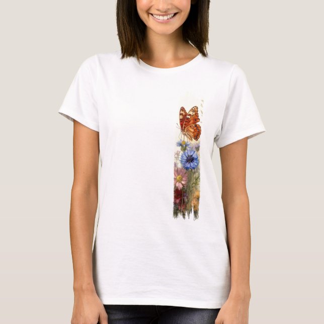 Butterfly Among Wildflowers Brushstroke Paint T-Shirt (Front)