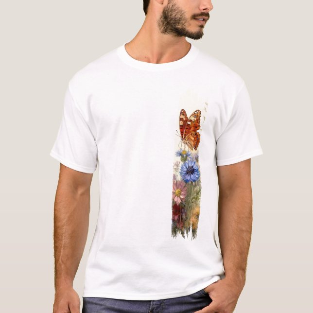 Butterfly Among Wildflowers Brushstroke Paint T-Shirt (Front)