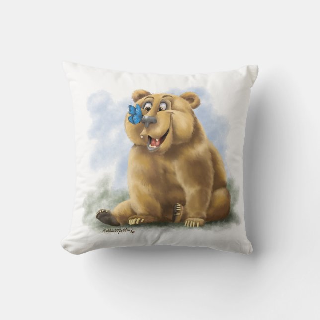 Butterfly and Bear Cartoon Throw Pillow (Front)