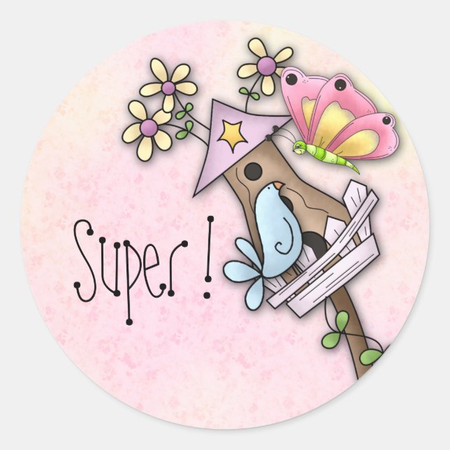 Butterfly and bird meeting at the birdhouse classic round sticker (Front)