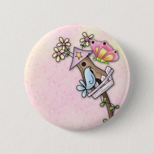Butterfly and bird meeting at the birdhouse pinback button (Front)