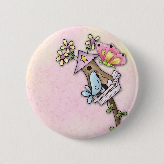 Butterfly and bird meeting at the birdhouse pinback button