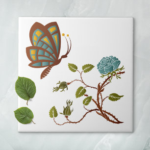 Butterfly and Blue Rose Ceramic Tile