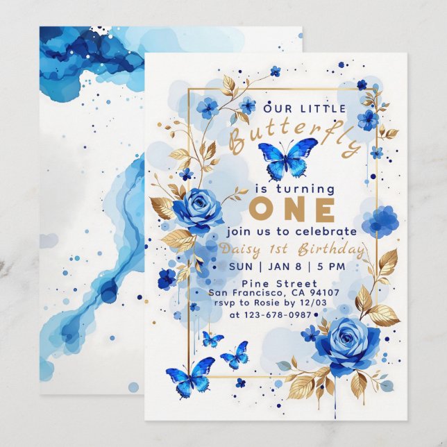 Butterfly and blue rose floral modern birthday invitation (Front/Back)