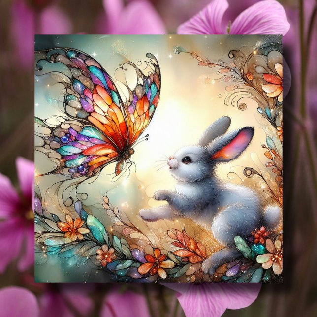 Butterfly And Bunny Colorful Stained Glass Easter  Holiday Card (Creator Uploaded)