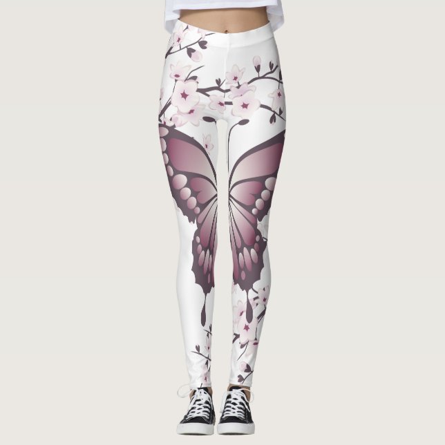Butterfly And Cherry Blossom Mauve Leggings (Front)