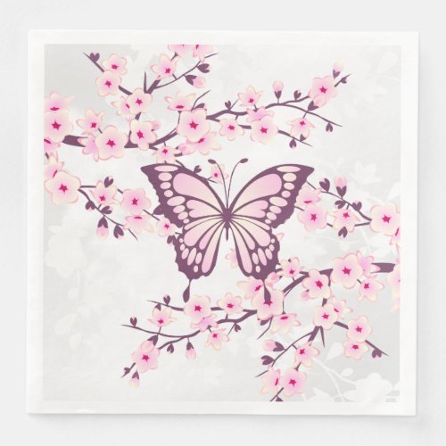 Butterfly And Cherry Blossom Pink White Paper Dinner Napkins