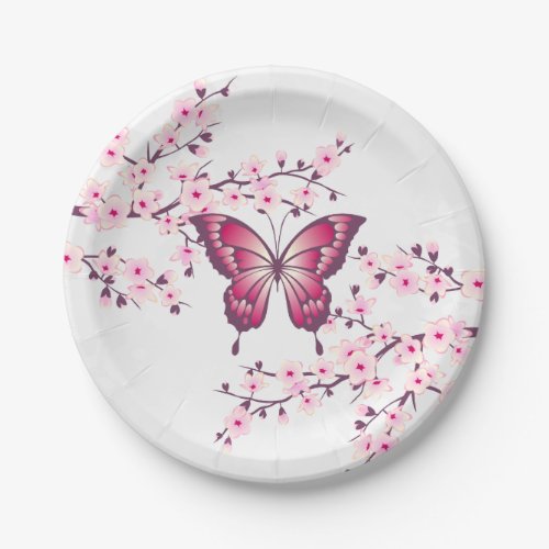 Butterfly And Cherry Blossoms Pink White Paper Plates