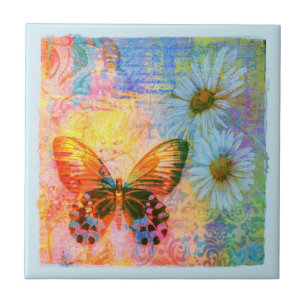 butterfly and daisies ceramic tile