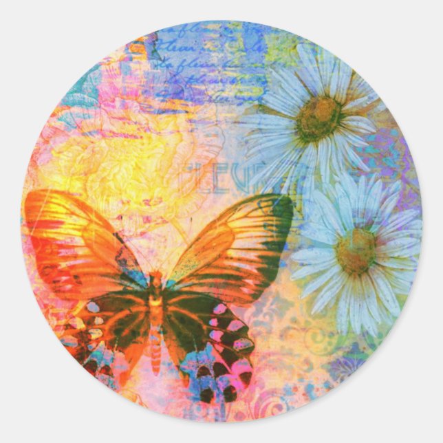 butterfly and daisies  classic round sticker (Front)