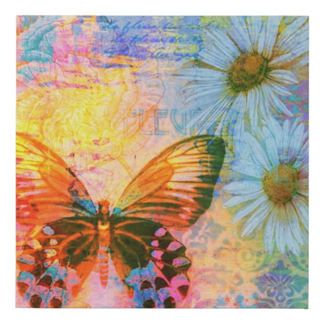 butterfly and daisies  faux canvas print (Front)