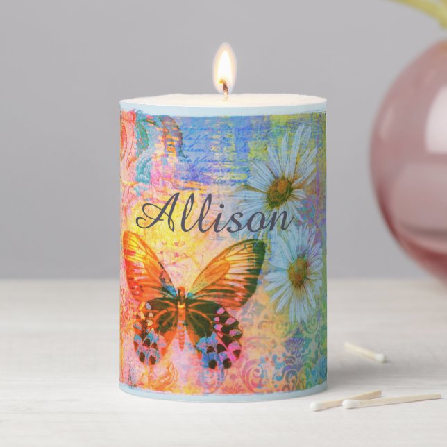 butterfly and daisies personalized pillar candle (In Situ)