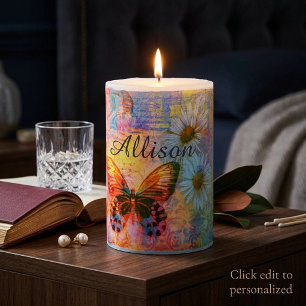butterfly and daisies personalized pillar candle
