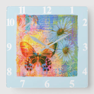 butterfly and daisies square wall clock