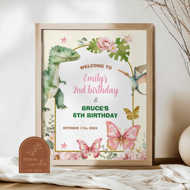 Butterfly and Dinosaurs Joint Birthday Poster (Creator Uploaded)