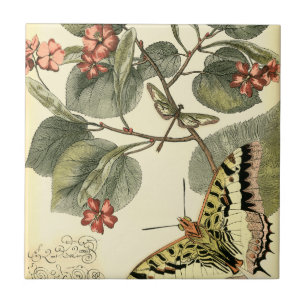 Butterfly and Dragonfly with Red Flowers Ceramic Tile