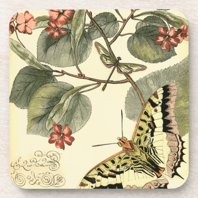 Butterfly and Dragonfly with Red Flowers Coaster (Front)