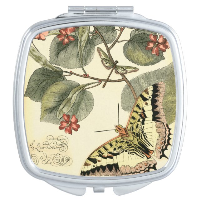 Butterfly and Dragonfly with Red Flowers Compact Mirror (Front)