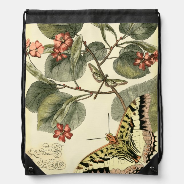 Butterfly and Dragonfly with Red Flowers Drawstring Bag (Front)