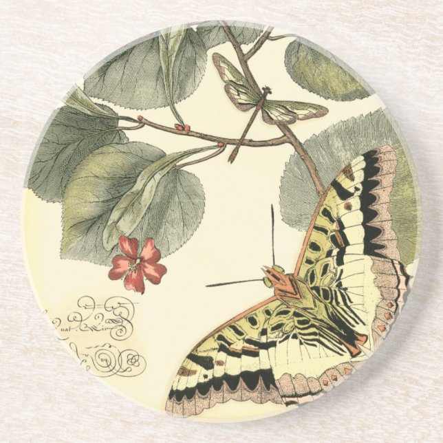 Butterfly and Dragonfly with Red Flowers Drink Coaster (Front)