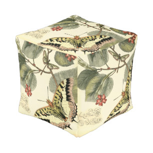 Butterfly and Dragonfly with Red Flowers Pouf