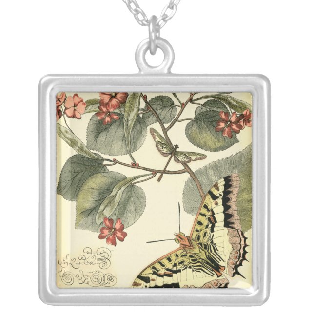 Butterfly and Dragonfly with Red Flowers Silver Plated Necklace (Front)
