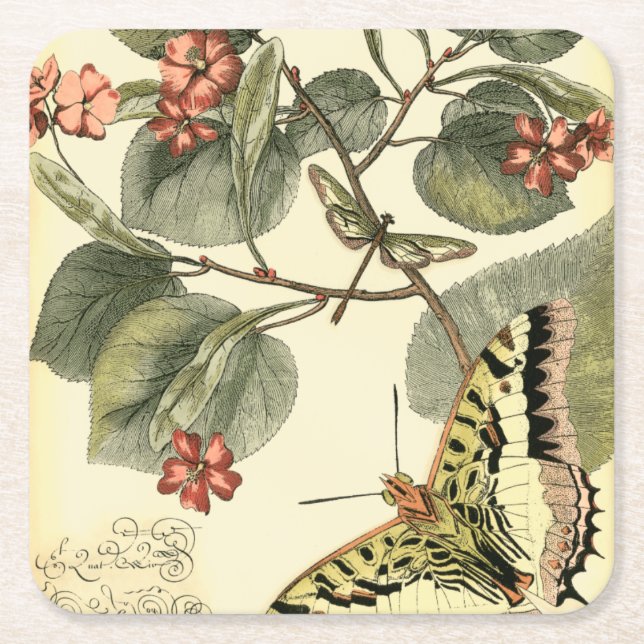 Butterfly and Dragonfly with Red Flowers Square Paper Coaster (Front)