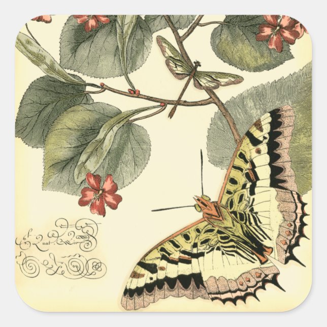 Butterfly and Dragonfly with Red Flowers Square Sticker (Front)