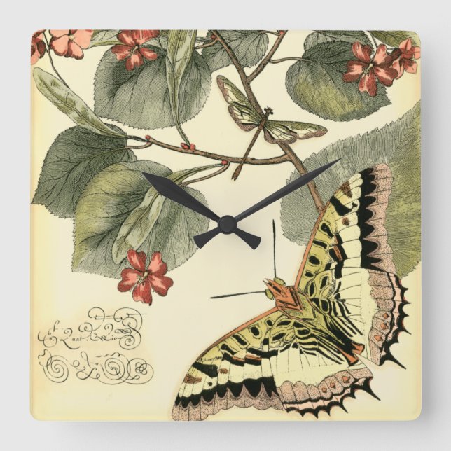 Butterfly and Dragonfly with Red Flowers Square Wall Clock (Front)