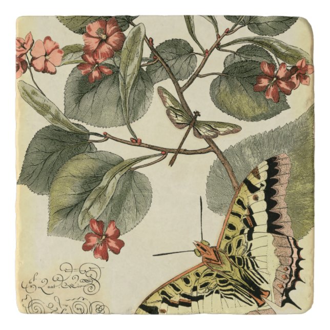 Butterfly and Dragonfly with Red Flowers Trivet (Front)