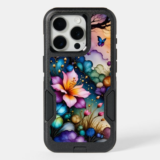 Butterfly and Fantasy Flowers iPhone 15 Pro Case (Back)