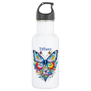 Butterfly and Floral Heart Personalized Stainless Steel Water Bottle