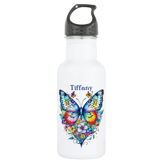 Butterfly and Floral Heart Personalized Stainless Steel Water Bottle (Front)