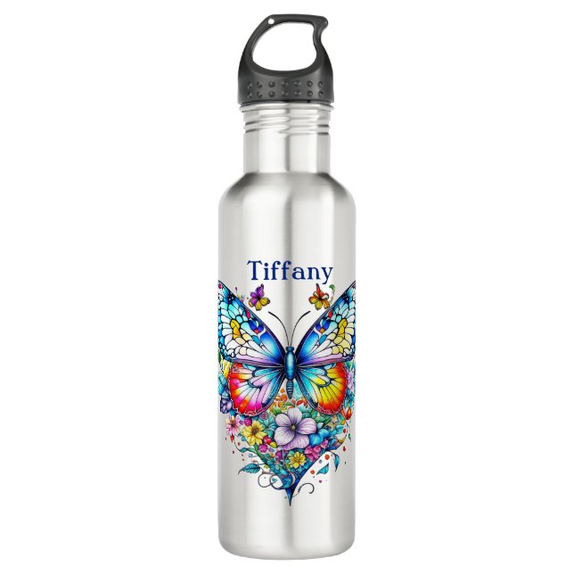 Butterfly and Floral Heart Personalized Stainless Steel Water Bottle (Front)