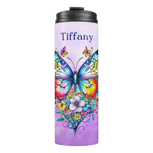 Butterfly and Floral Heart Personalized Thermal Tumbler (Front)