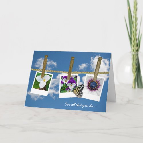 Butterfly and floral photos on clothesline thank you card
