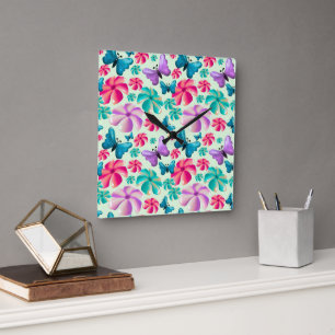 Butterfly and Flower Aesthetic pattern Square Wall Clock