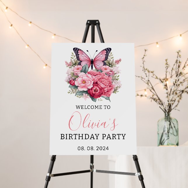 Butterfly and Flower Birthday Party Welcome Poster (In Situ (Stand))