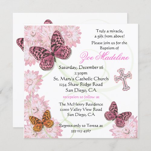 Butterfly and flowers Baptism Invitation