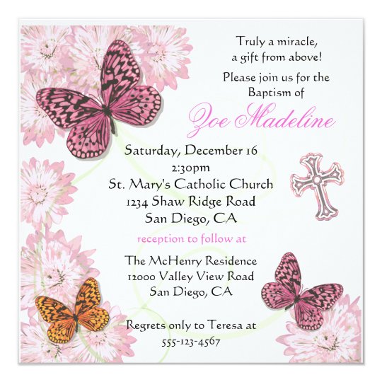 Butterfly and flowers Baptism Invitation