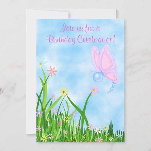 Butterfly and Flowers Birthday Invitation (Front)