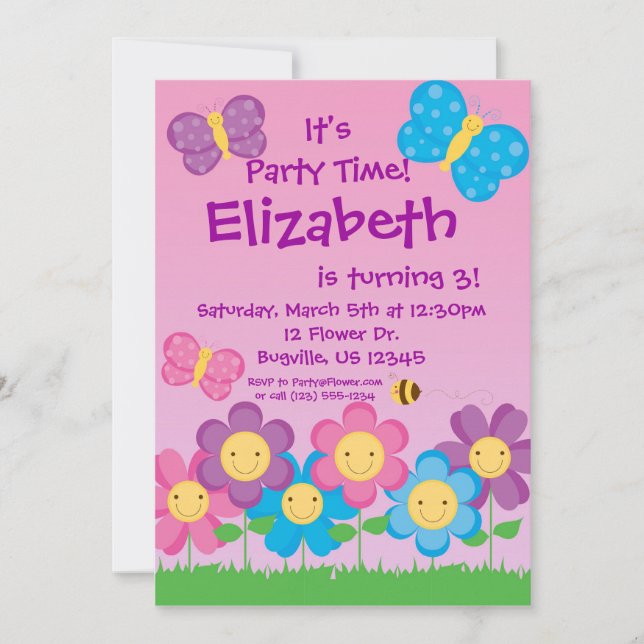 Butterfly and Flowers Birthday Party Invitation (Front)