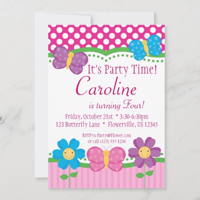 Butterfly and Flowers Birthday Party Invitation (Front)