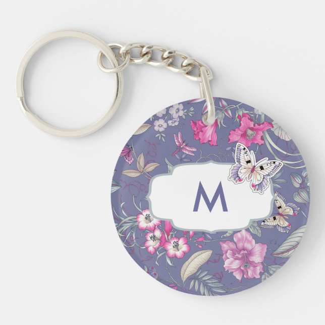 Butterfly and Flowers Custom Monogram Gift  Keychain (Front)