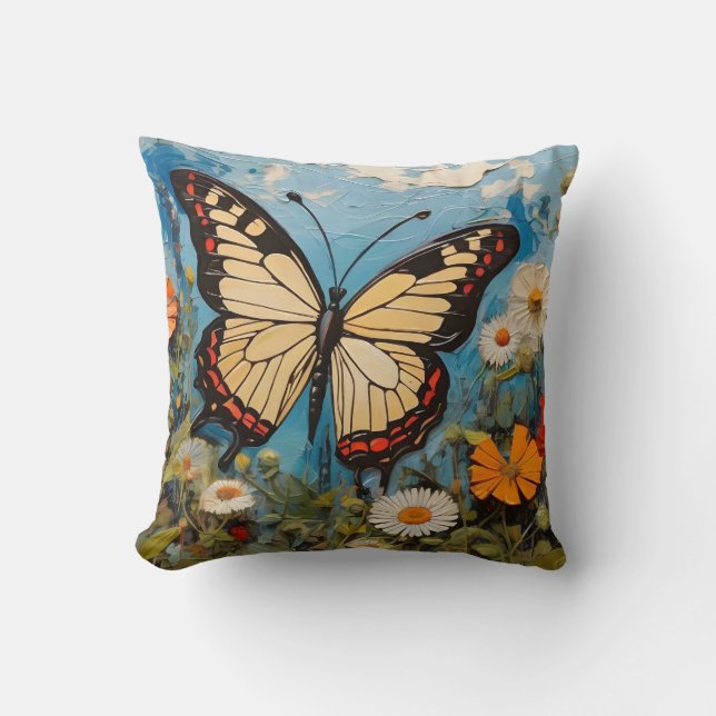 Butterfly and Flowers In Spring Painting Throw Pillow (Front)
