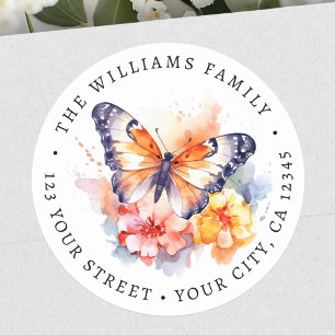 Butterfly and flowers painting return address classic round sticker